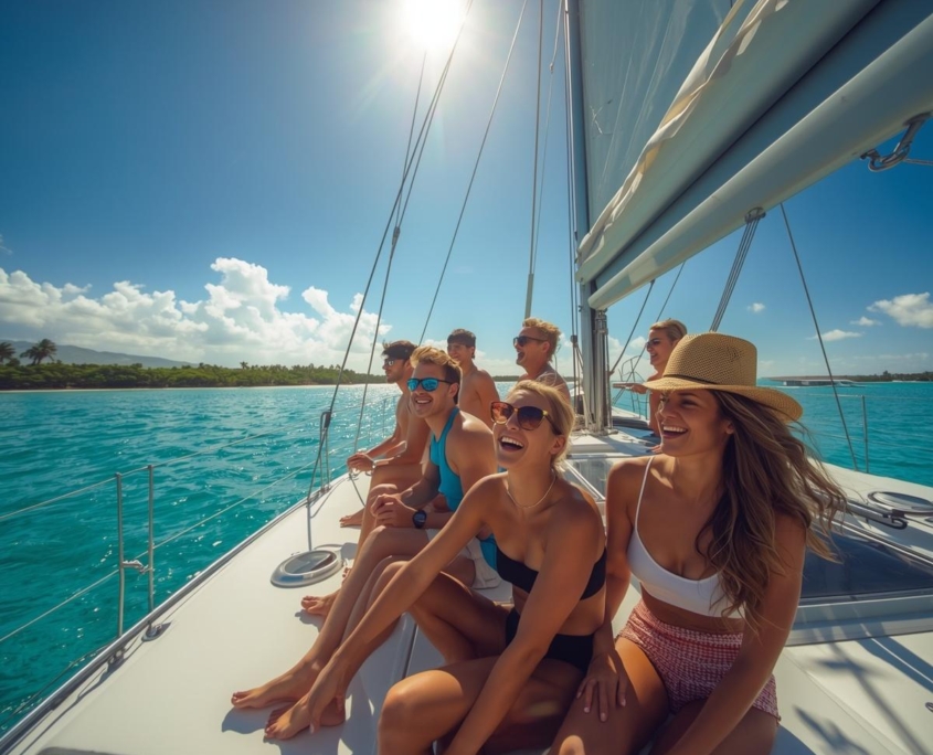 un gruppo di uomini e donne di 35 anni che ridono felici su un catamarano a vela modello lagoon 51 in una bella giornata di sole